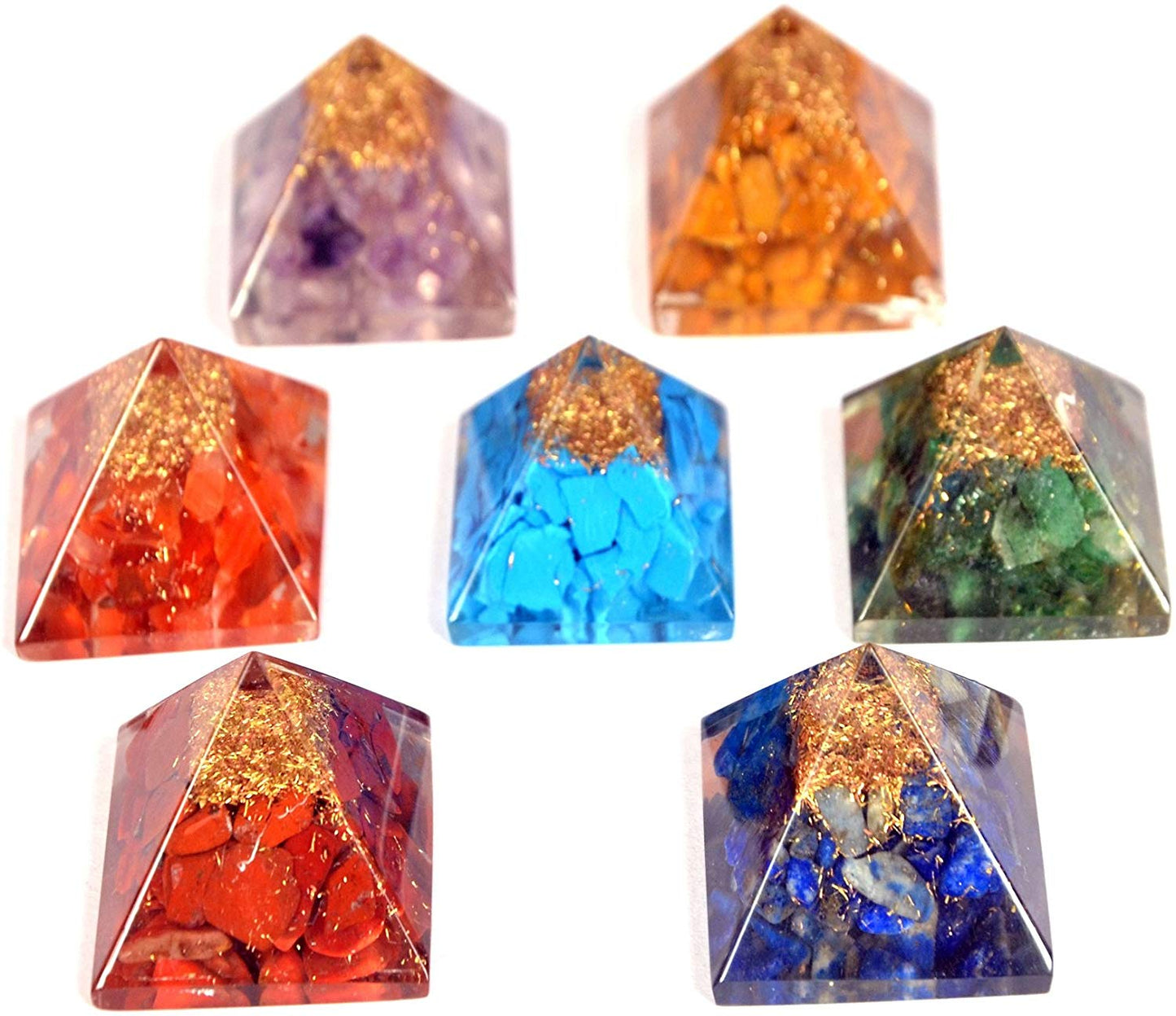 WholesaleGemShop Set of 7 Chakra Orgone Pyramid Set - 7 (Seven) Chakra Orgone Stone Pyarmid - Metaphysical - Reiki