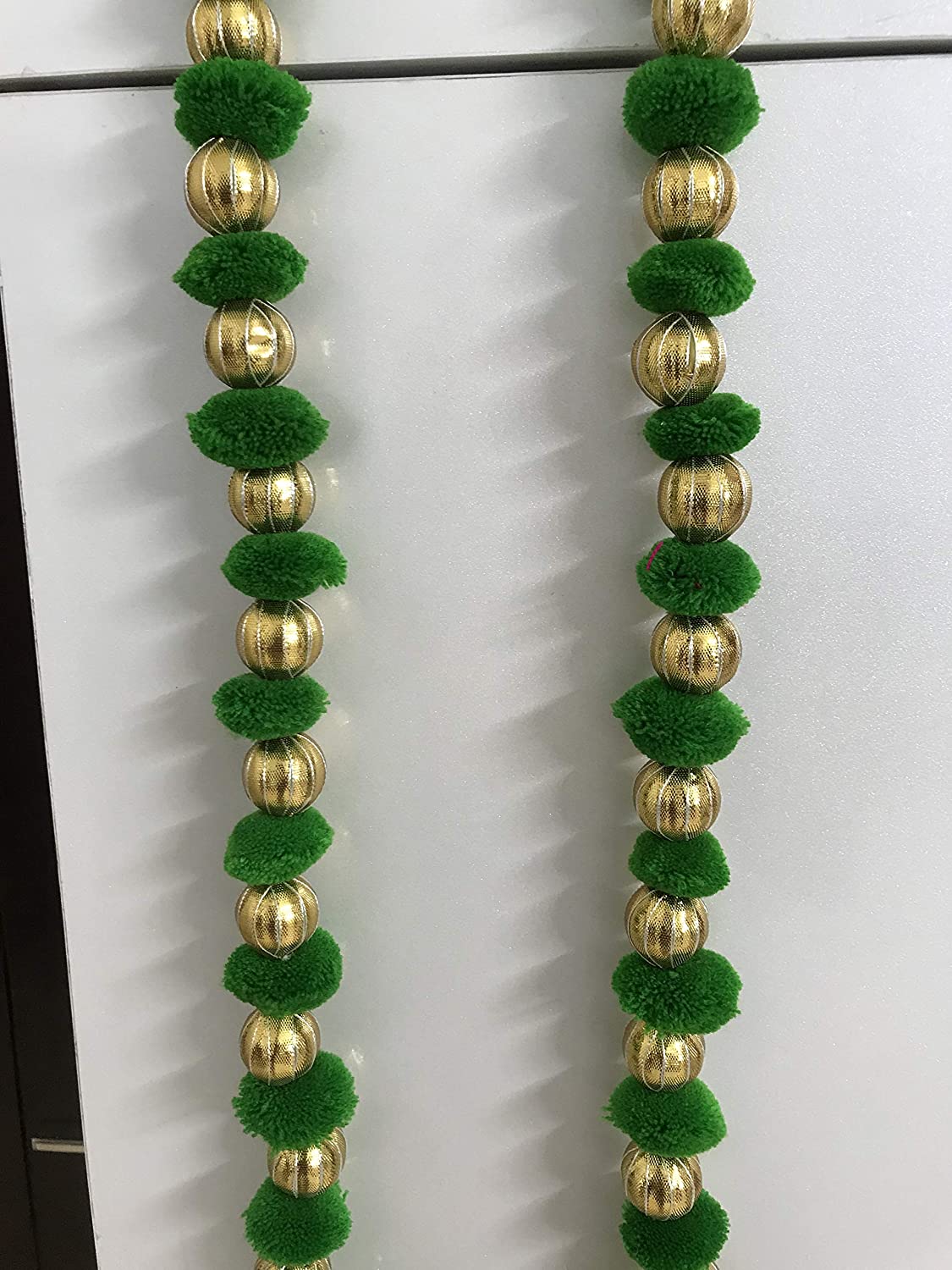 Handmade Wall Door 3.5 ft.Strings Green Hanging PomPom Chakri ToransGarland Bandhwar with Golden Bells-Decoration Item for Home Decor Diwali Festival,Navratri,Wedding One Pair (3.5 FT 2 Strings)