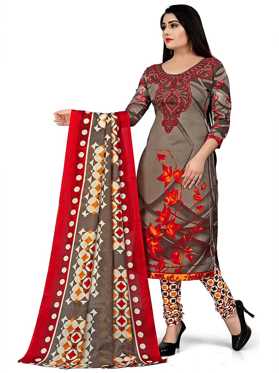 Women's Olive Green Cotton Printed Unstitched Salwar Suit Material (Free Size)