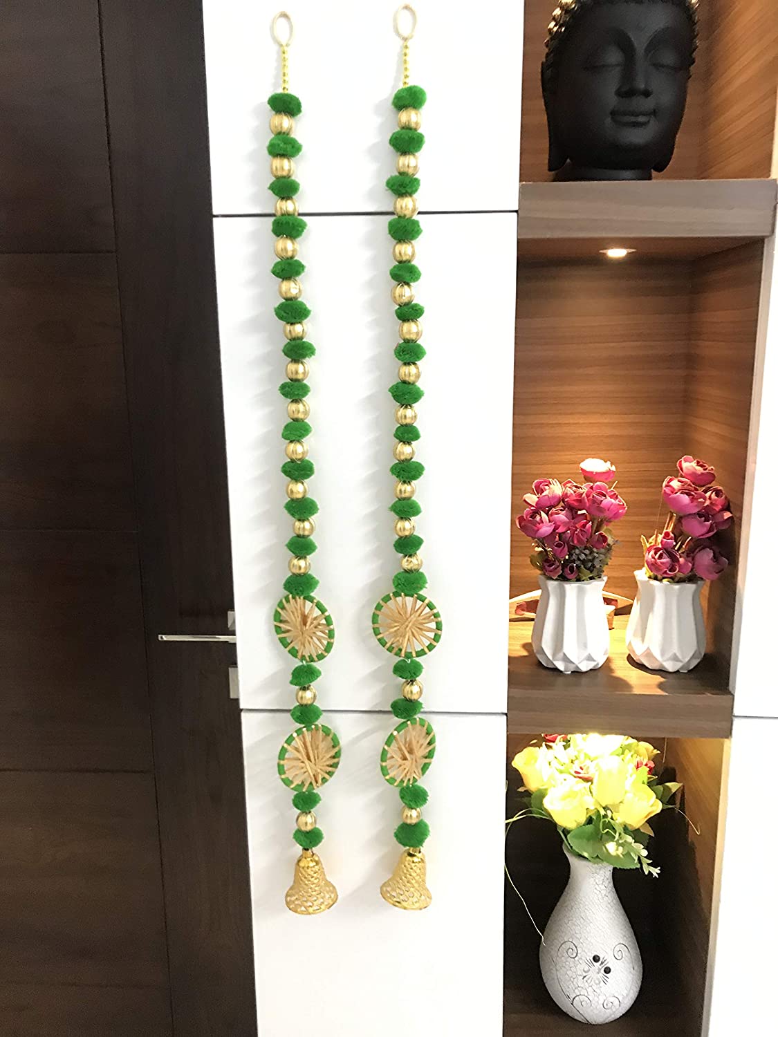 Handmade Wall Door 3.5 ft.Strings Green Hanging PomPom Chakri ToransGarland Bandhwar with Golden Bells-Decoration Item for Home Decor Diwali Festival,Navratri,Wedding One Pair (3.5 FT 2 Strings)