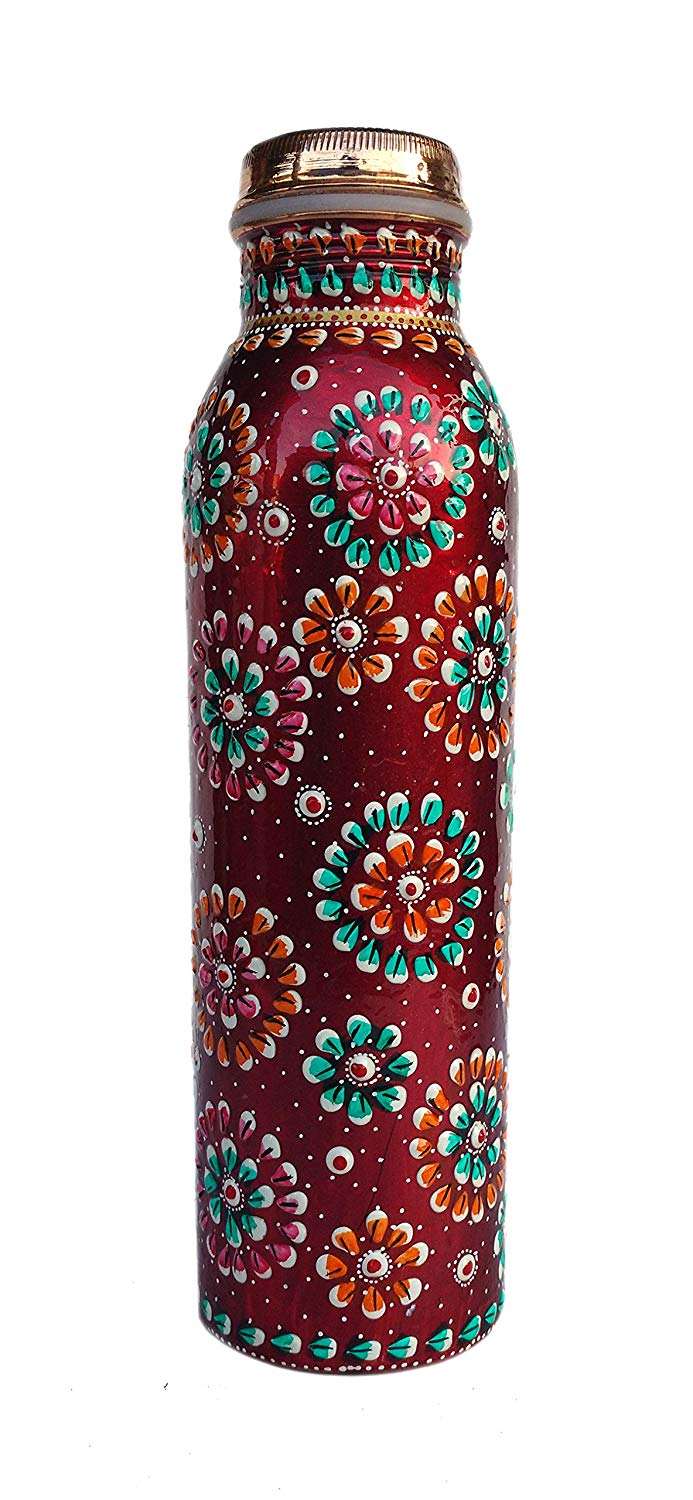 Rastogi Handicrafts Copper Water Bottle for (Joint Free & leak proof) New Red Hand Painted Art Work, With a Insulated Bag