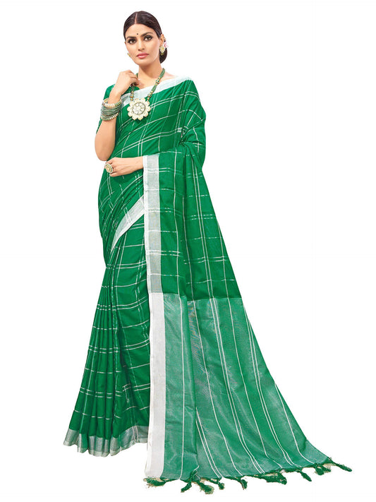 sarees-for-women-linen-cotton-silk-saree-l-indian-ethnic-wedding-diwali-gift-sari-with-unstitched-blouse-green