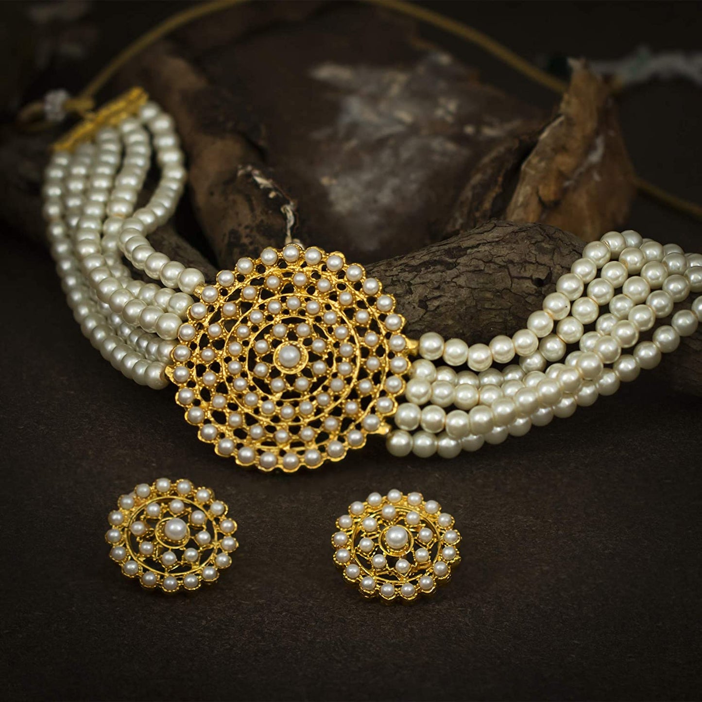 Adorable Gold Plated Pearl Choker Necklace Set for Women