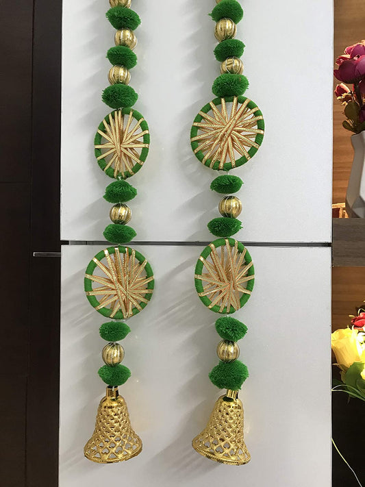 Handmade Wall Door 3.5 ft.Strings Green Hanging PomPom Chakri ToransGarland Bandhwar with Golden Bells-Decoration Item for Home Decor Diwali Festival,Navratri,Wedding One Pair (3.5 FT 2 Strings)