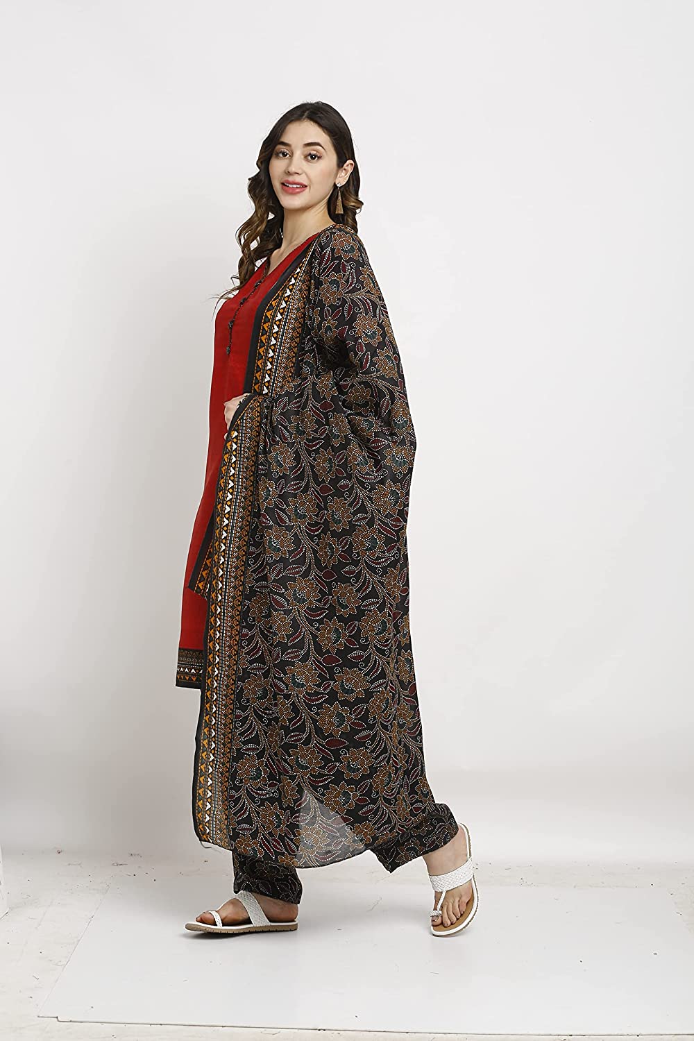 Women's Red Crepe Printed Unstitched Salwar Suit Material