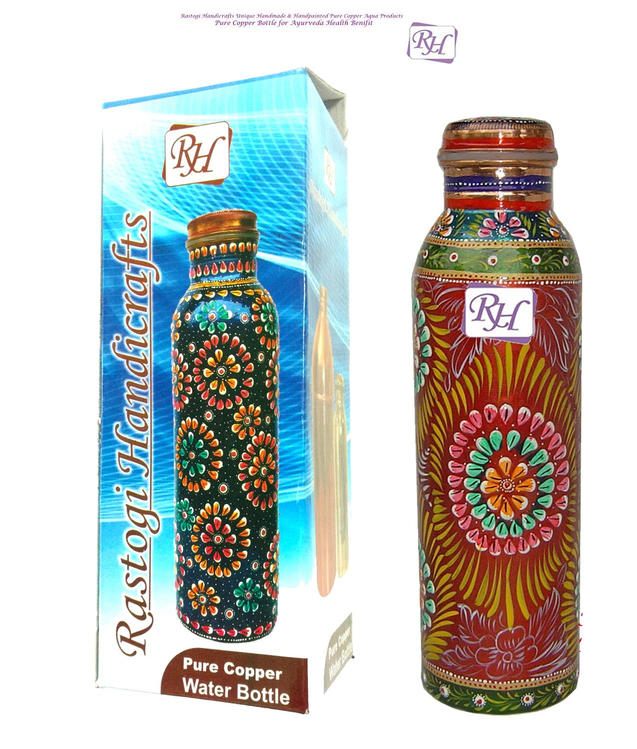 Rastogi Handicrafts Pure copper Hand painted bottle Red capacity 33oz / 950 ml for drinking water storage/yoga bottle