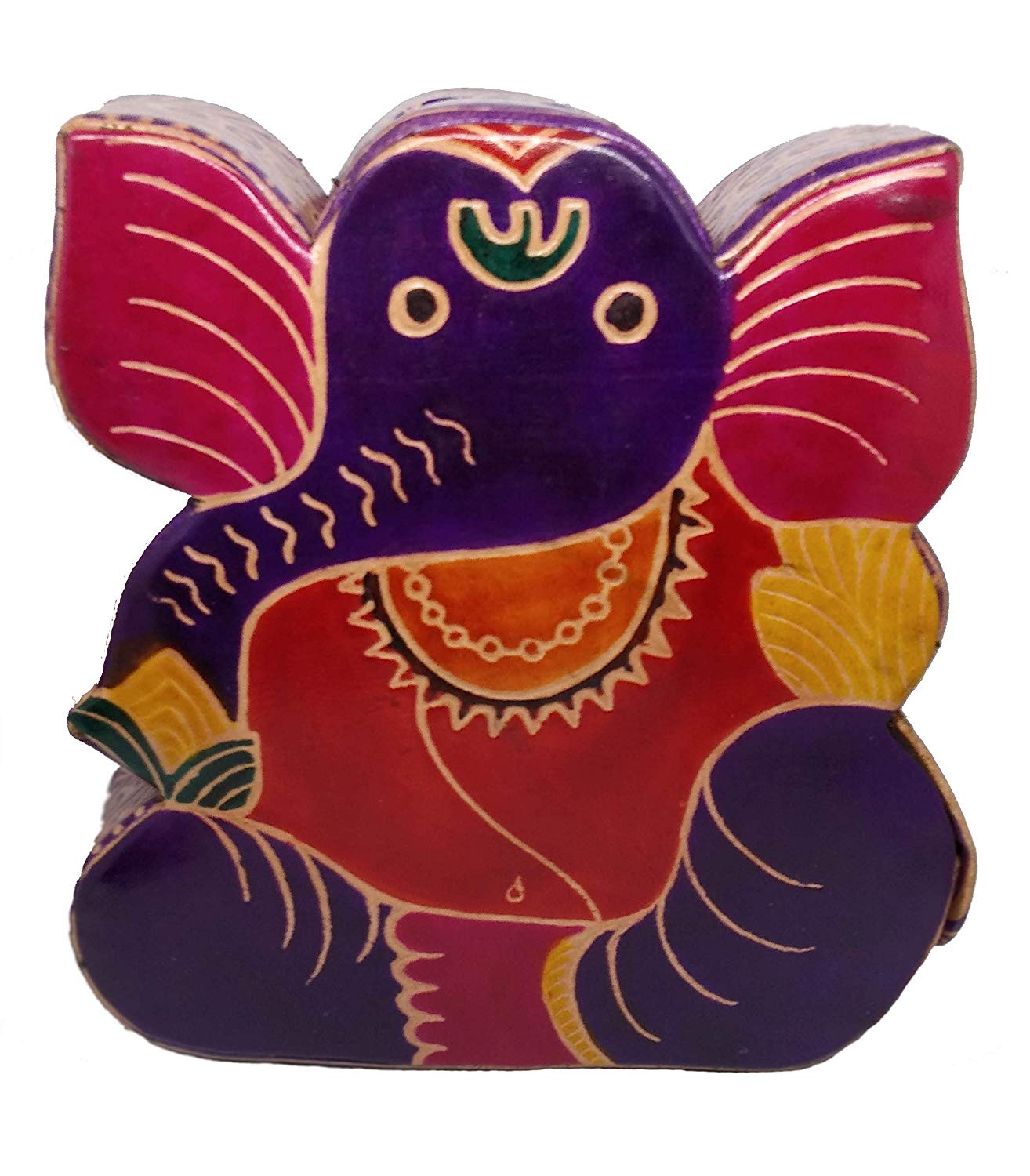 Embossed Leather - Piggy Bank, Ganesh, with Button, Multicoloured, Small