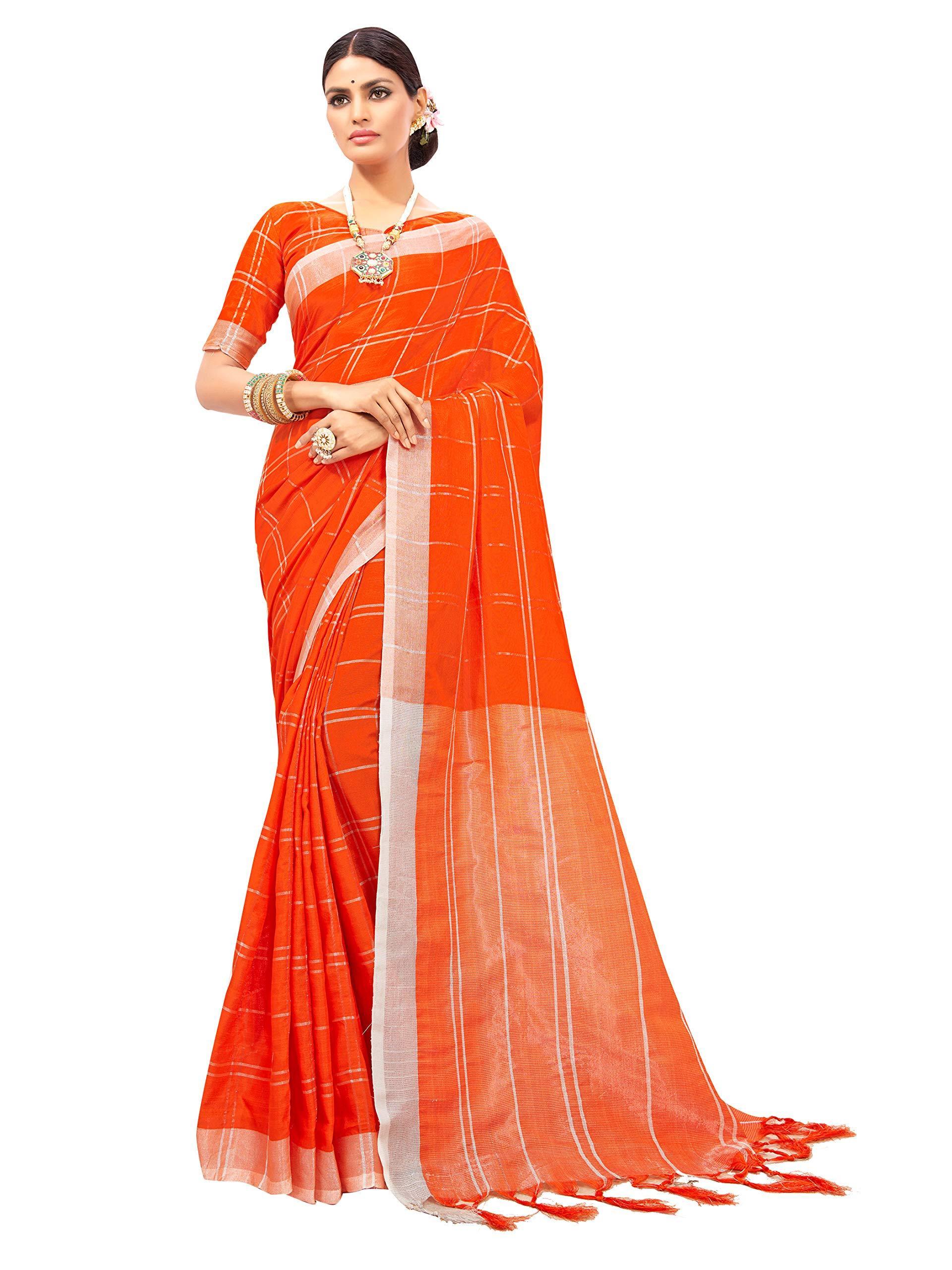 sarees-for-women-linen-cotton-silk-saree-l-indian-ethnic-wedding-diwali-gift-sari-with-unstitched-blouse-orange