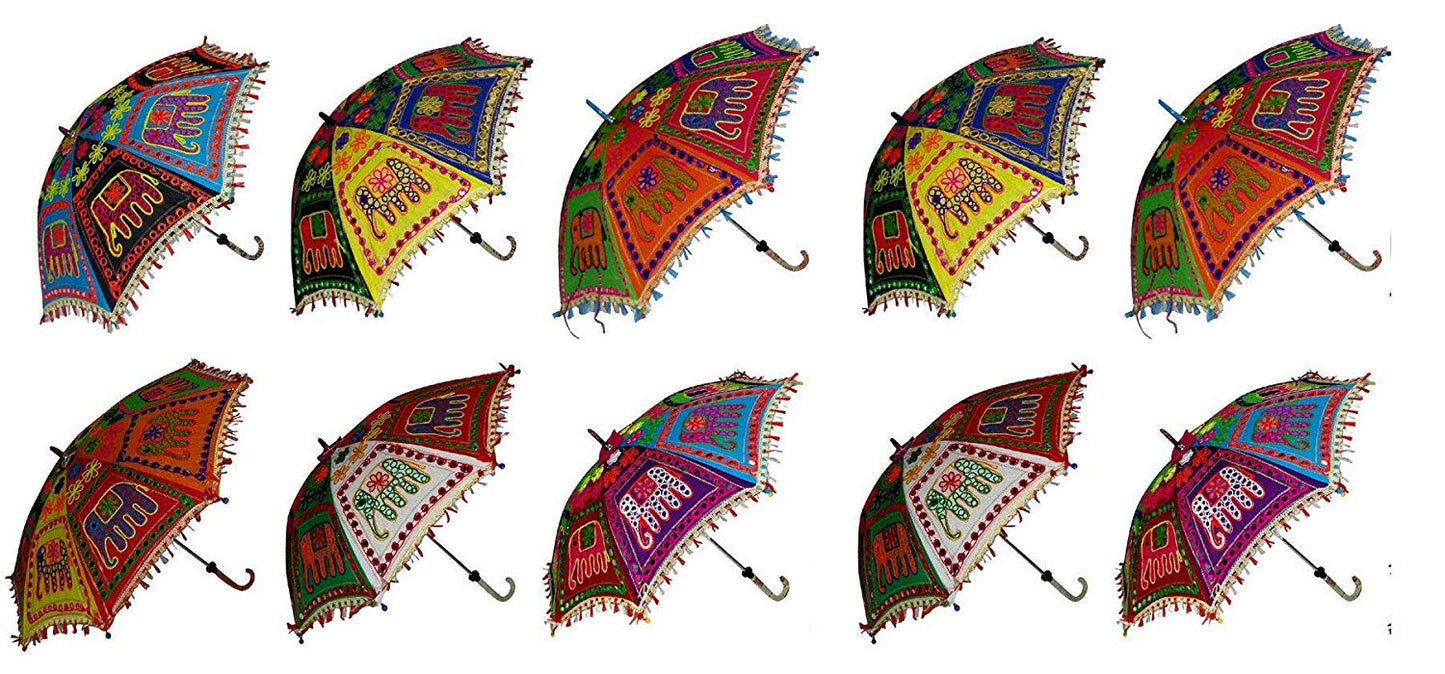 Rastogi Handicrafts Cloth Embroidery Umbrella Mix Assorted Color and Designs Elephant Theme Pack of 10