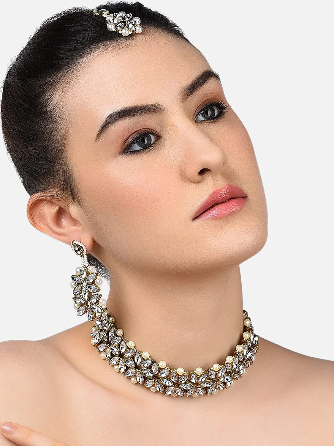 Traditional Crystal Shine Stones & Pearls Choker Necklace Set For Women