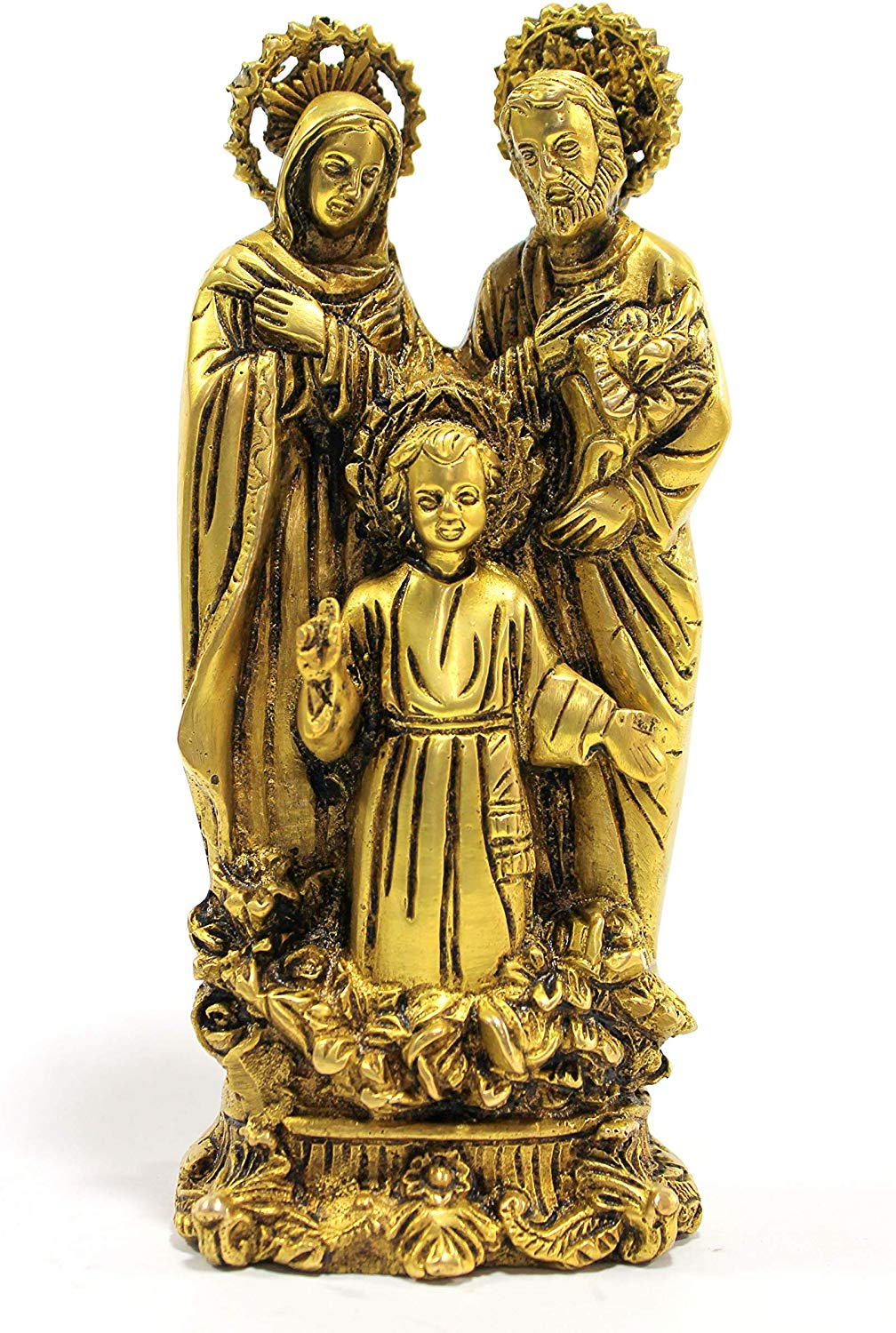 Brass Holy Family Statue of Baby Jesus, The Virgin Mary and Saint Joseph (7.5" High)