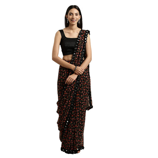 Women's Georgette with Blouse Piece Sarees (Black_Free Size)