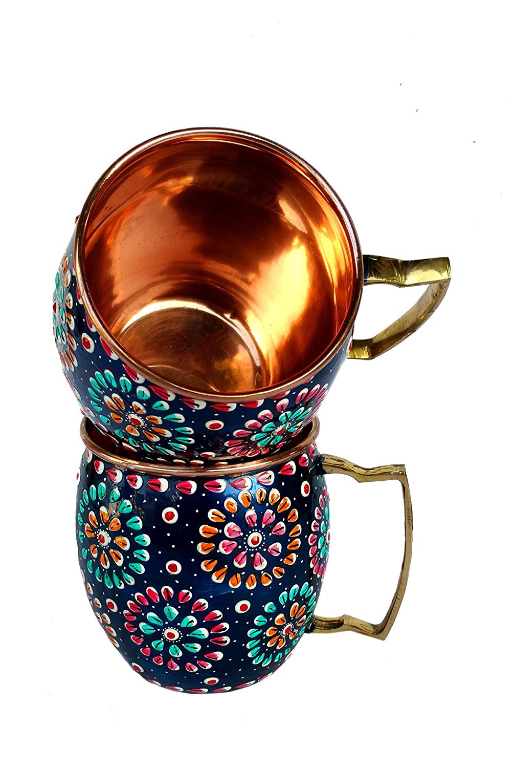 Rastogi Handicrafts Handmade Pure Copper Outer Hand Painted Art Work Water Bottle (Joint Free & leak proof) and Mug - Cup 16 oz (2)