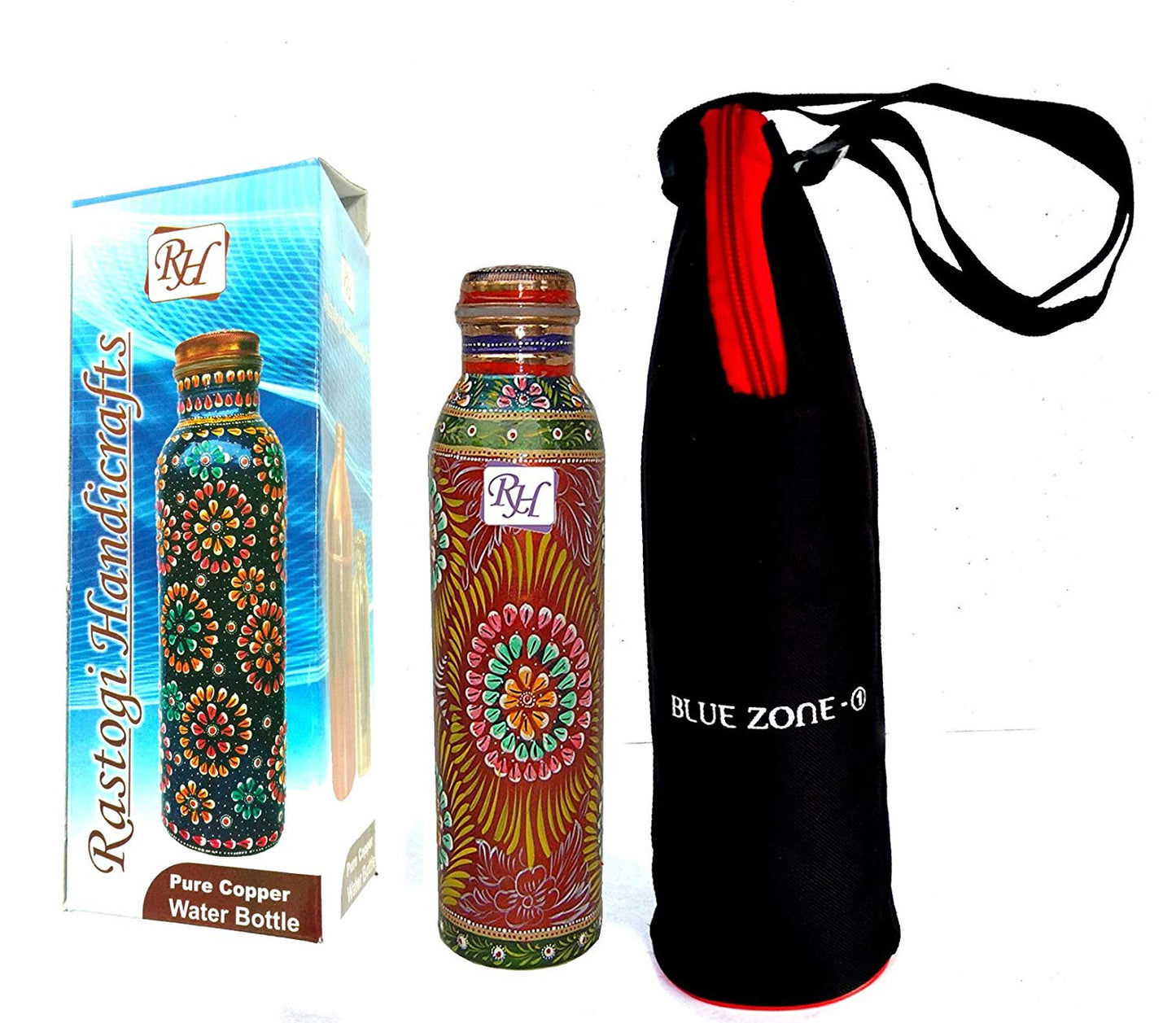 Rastogi Handicrafts Copper Water Bottle for (Joint Free & Leak Proof) Hand Painted Art Work, with a Insulated Bag