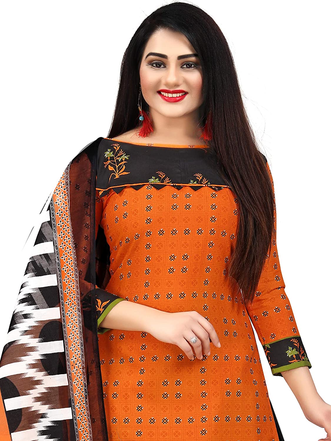 Women's Orange Cotton Floral Printed Unstitched Salwar Suit Material