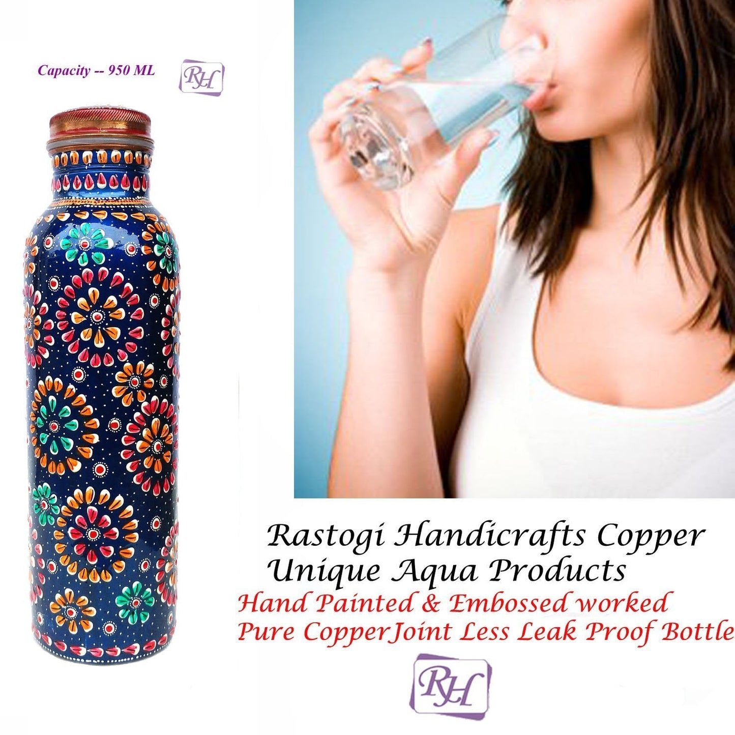 Rastogi Handicrafts Pure copper Hand painted bottle blue capacity 33oz / 950 ml for drinking water storage/yoga bottle