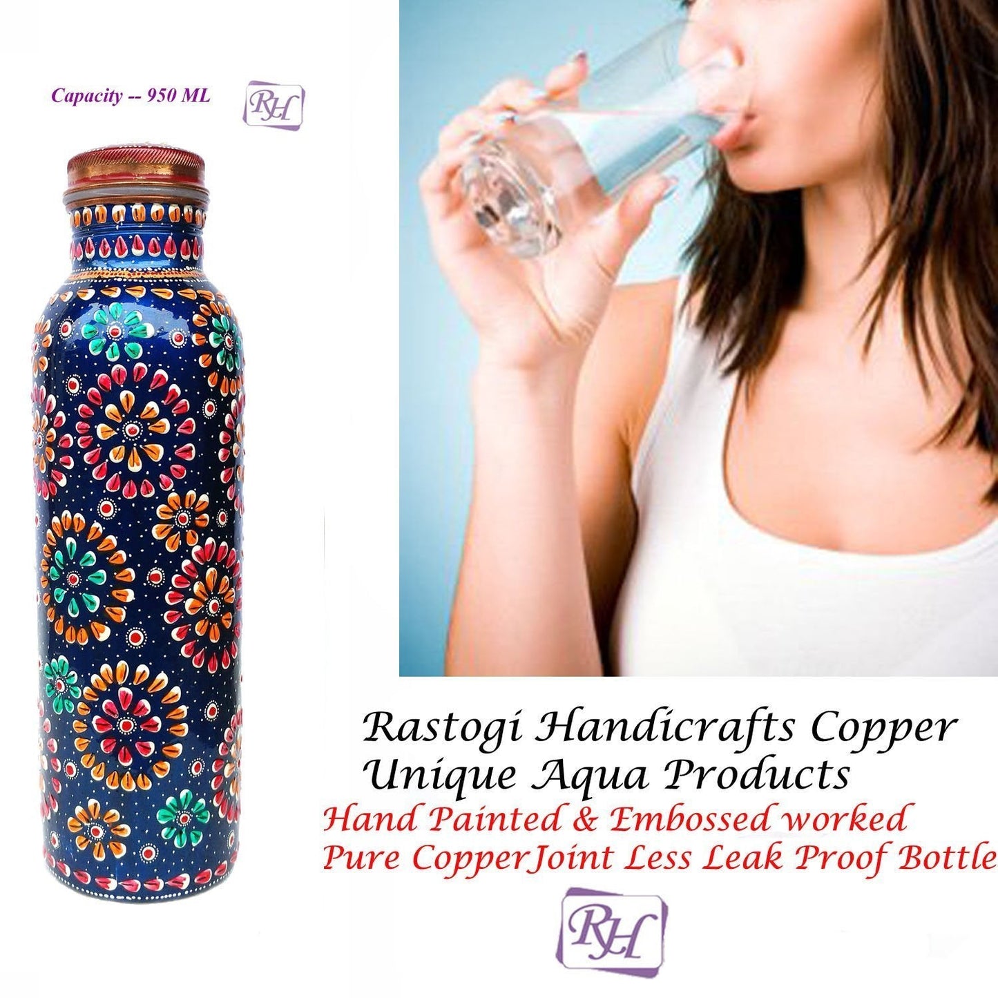 Rastogi Handicrafts Copper Joint less leak-proof Water storage Bottle Set of 4 With One Insulated Bag
