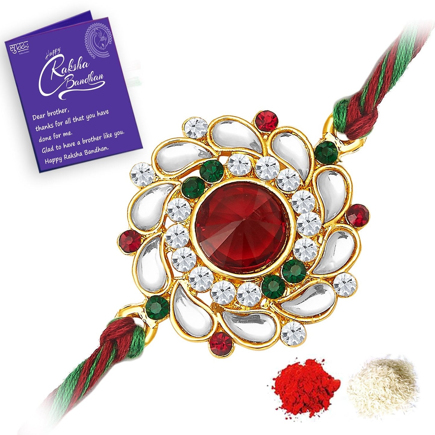 Elegant Kundan Rakhi with Roli Chawal and Raksha Bandhan Greeting Card For Men