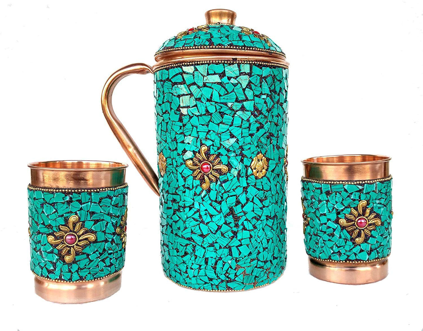 Rastogi Handicrafts Pure Copper Jug - 2 Glass Drinkware Set Dinnerware Tableware Pitcher outer decorated