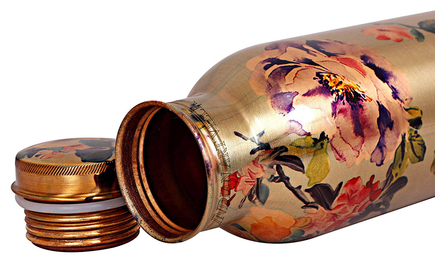 Printed Flower Design Copper Bottle, 1000 ml, Golden