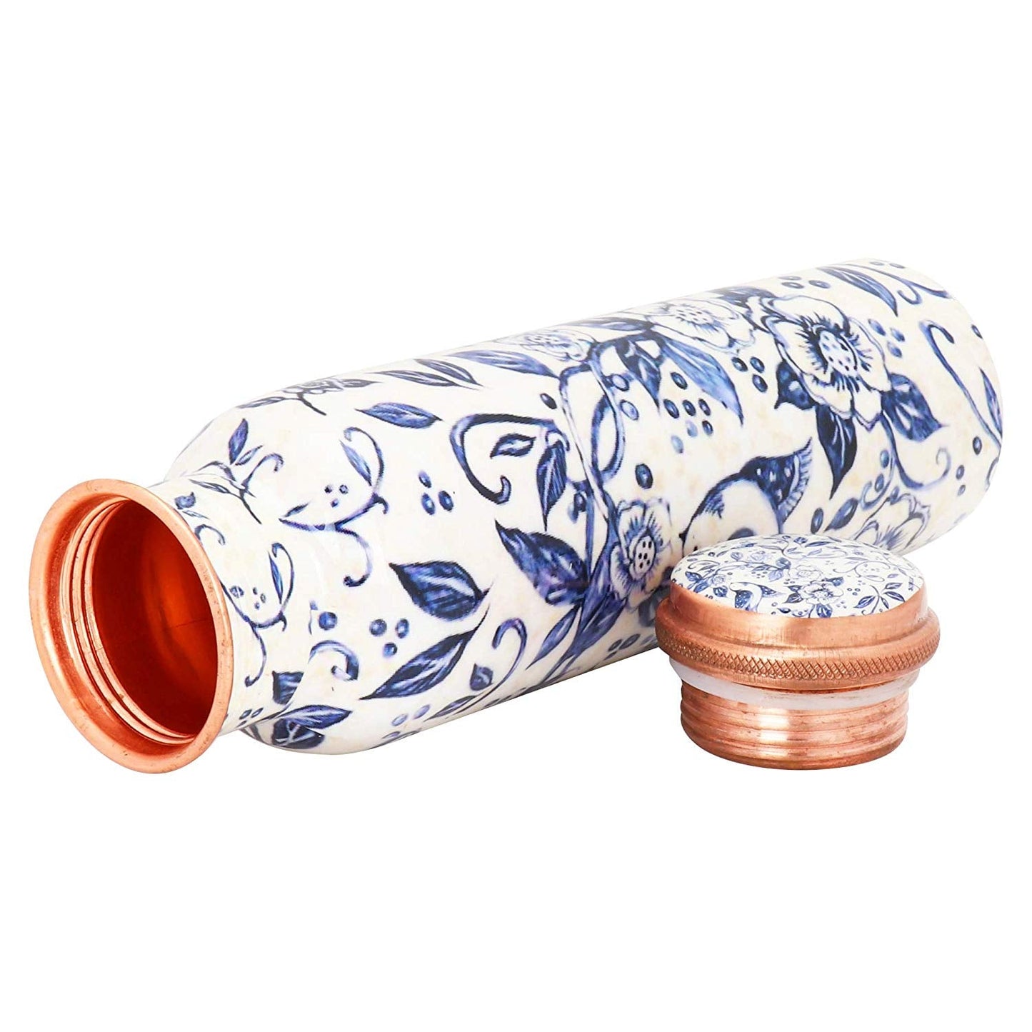 Blue Floral Printed Pure Copper Water Bottle 1000 ml