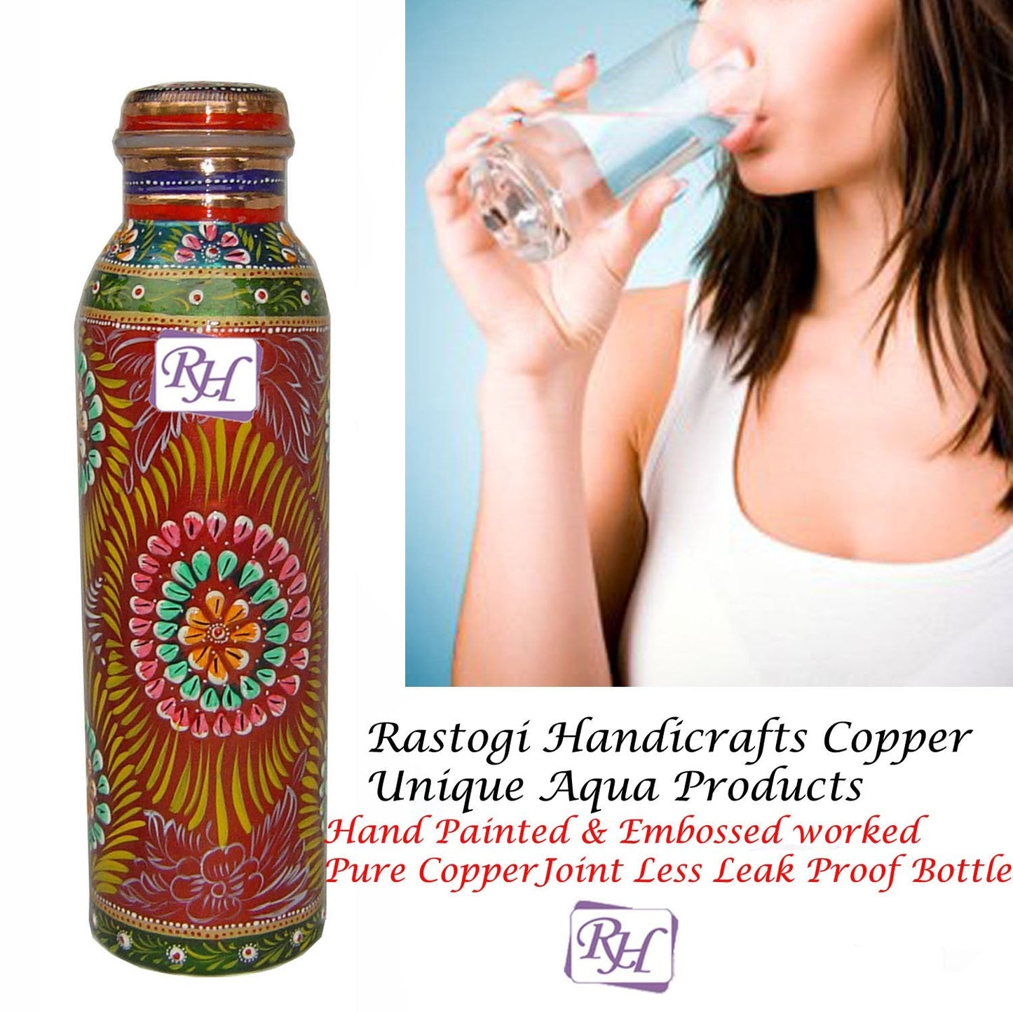 Rastogi Handicrafts Copper Water Bottle for (Joint Free & Leak Proof) Hand Painted Art Work, with a Insulated Bag