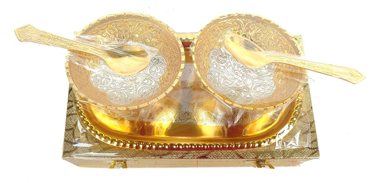 Rastogi Handicrafts Silver and Gold Plated Aluminium Bowl and Tray Set Dry Fruit Bowl Set, Diwali, Christmas, Festival Gifts, Set