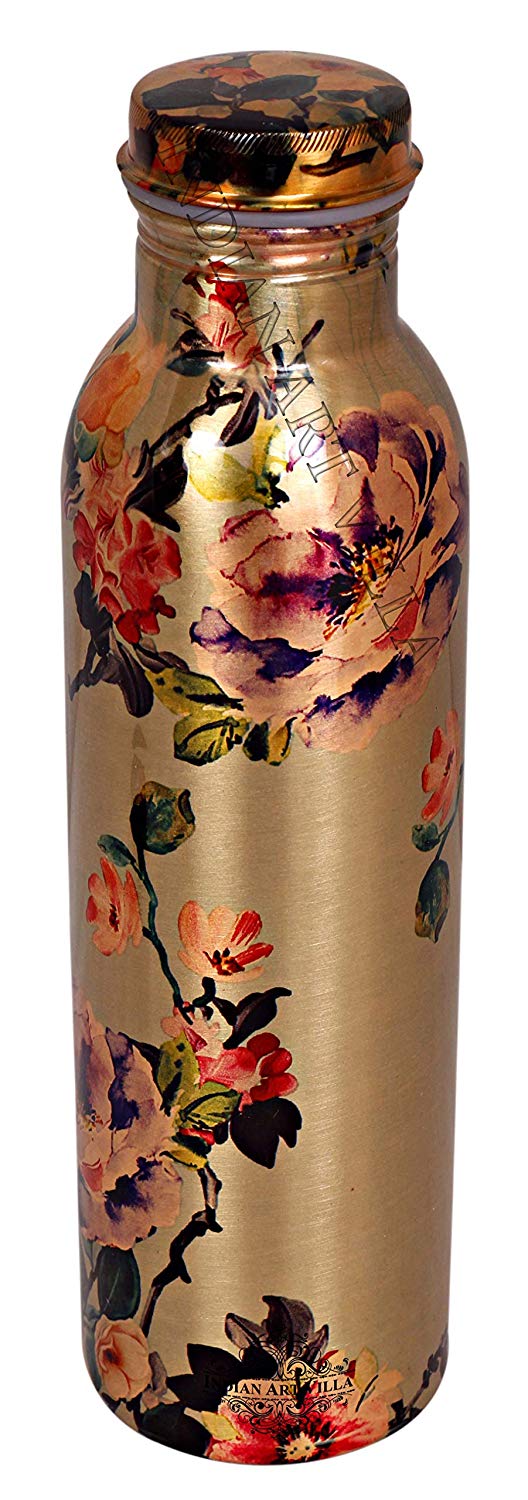 Printed Flower Design Copper Bottle, 1000 ml, Golden