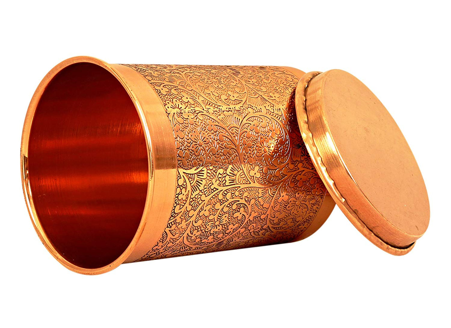 Indian Art Villa Embossed Design Benefit Yoga Ayurveda 300ml Copper Tumbler Cup with Lid - Brown