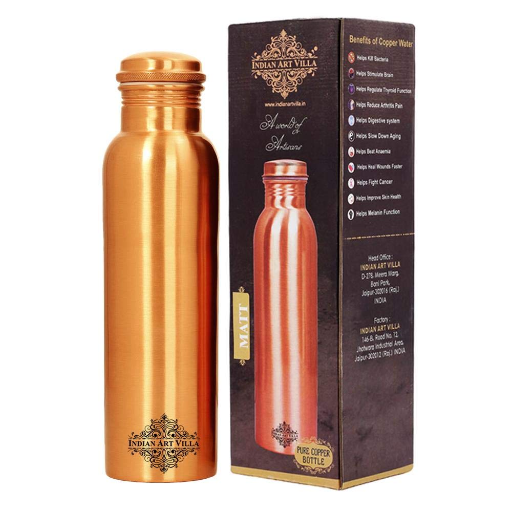 Indian Art Villa Flower Design Copper Water Bottle, Drinkware, 1000 ML, Brown