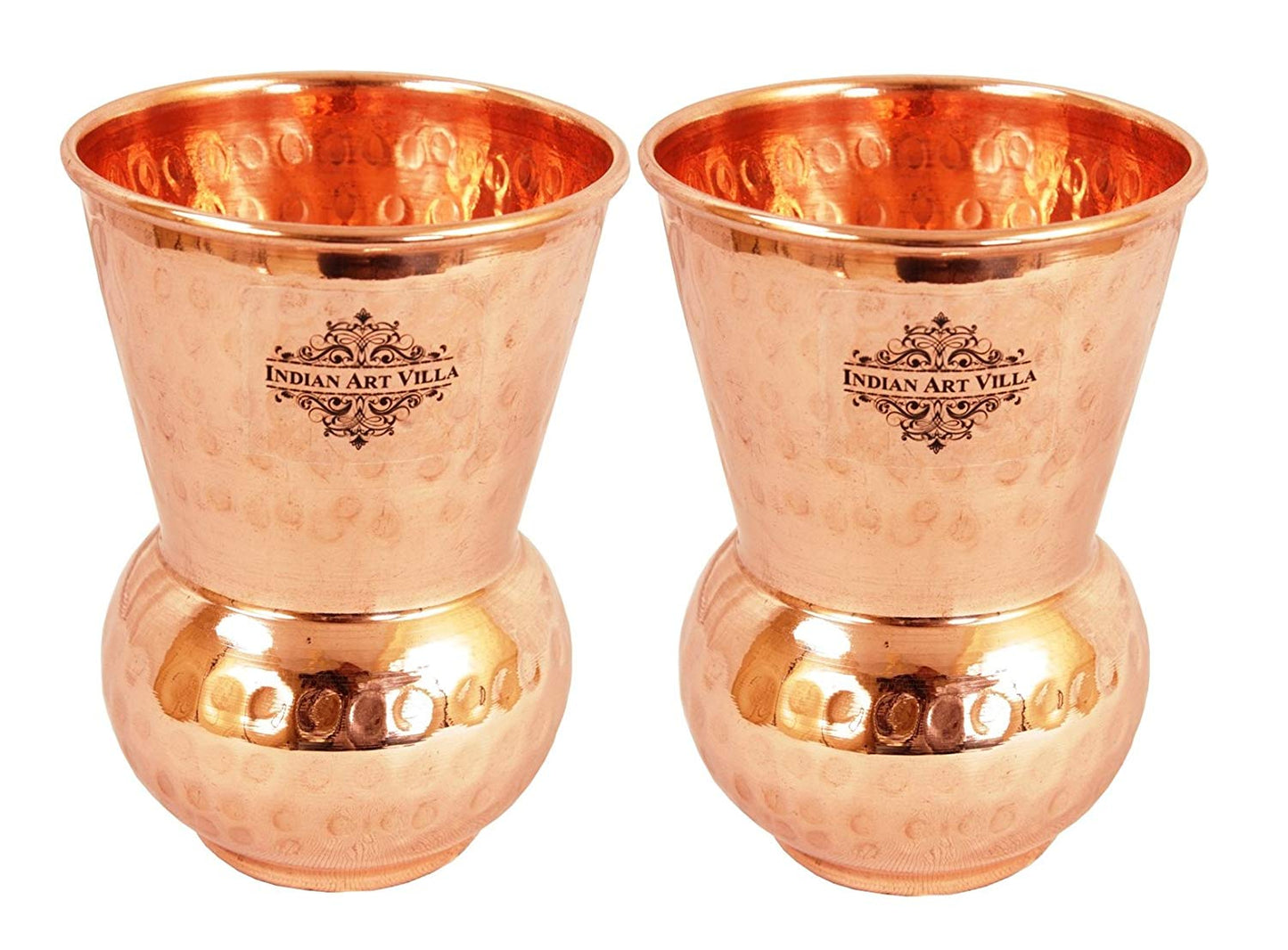 Indian Art Villa Copper Glass Tumbler, Hammer Design, Drinkware, 300 ML Each, Set of 2 Pieces