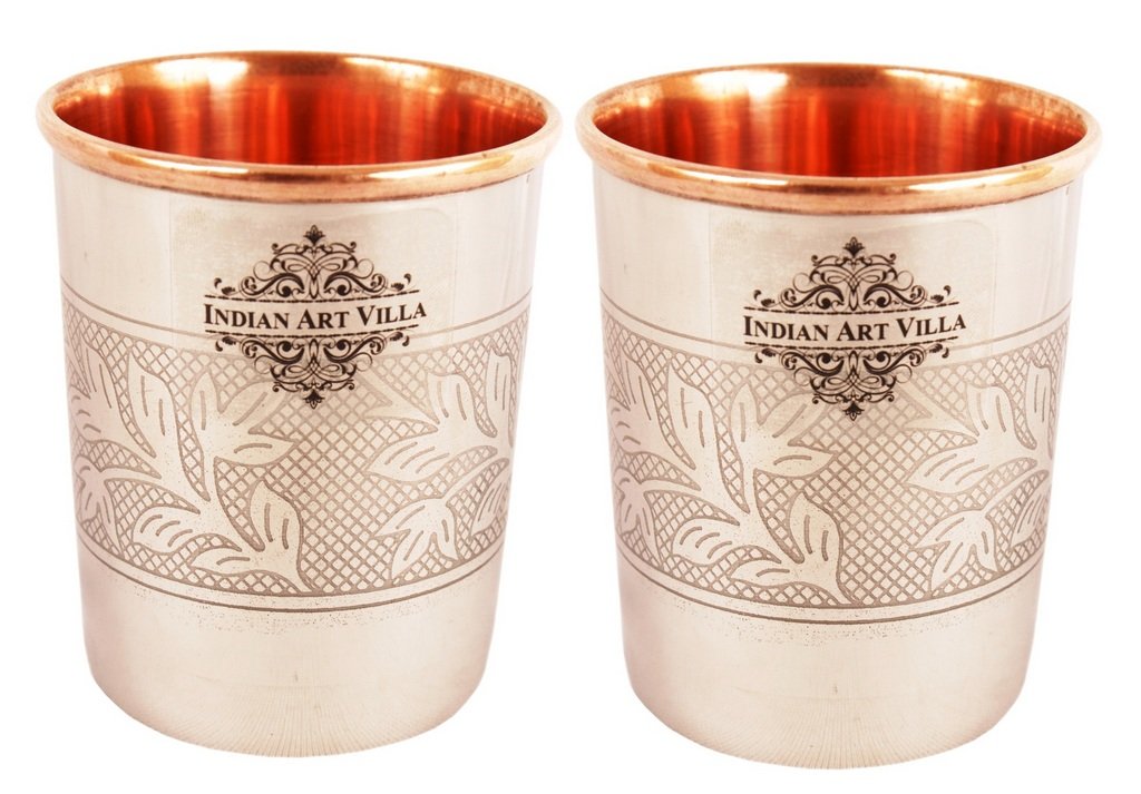 Indian Art Villa Steel Copper Glass Tumbler, Embossed Design (250 ml/Each) Set of 2