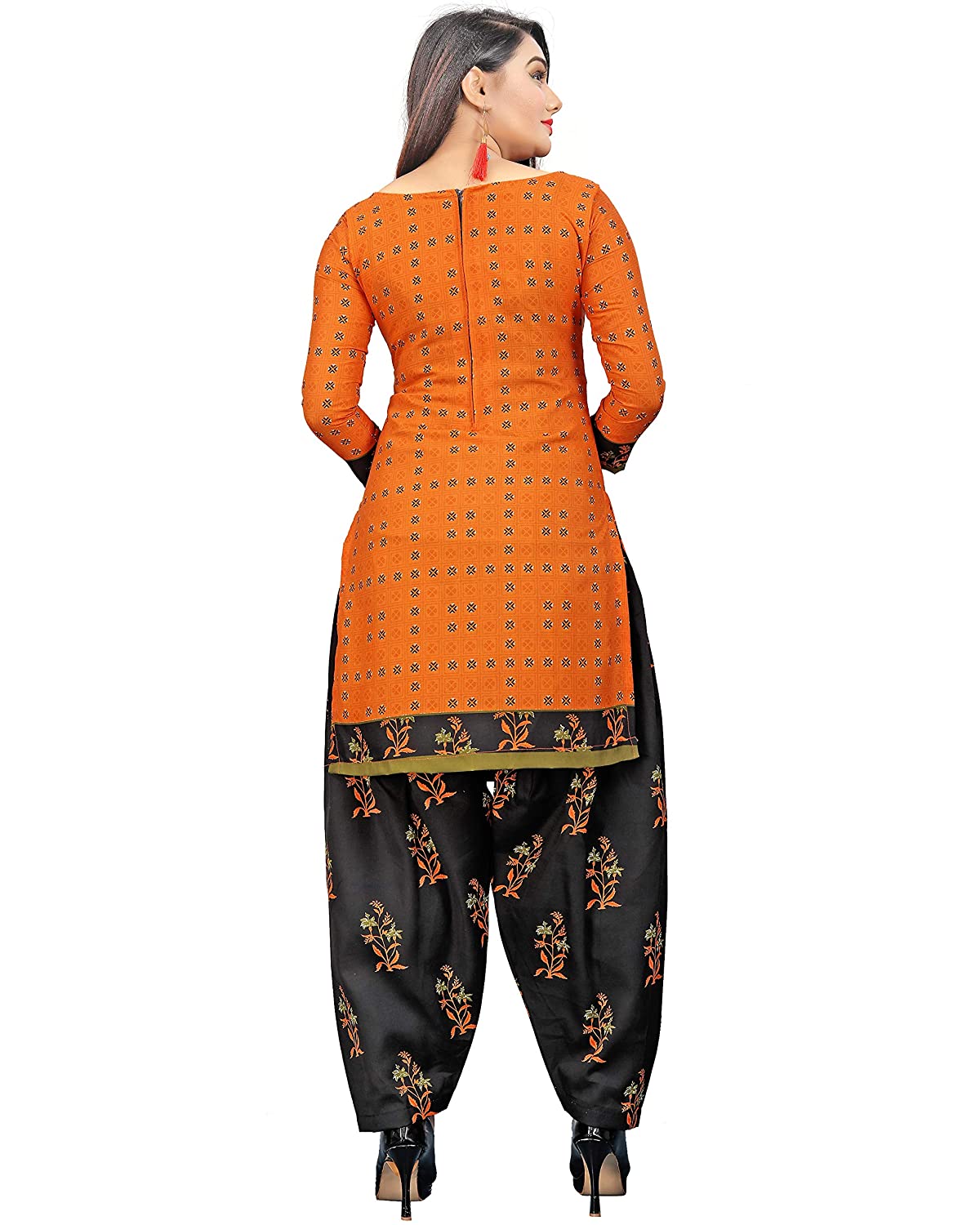 Women's Orange Cotton Floral Printed Unstitched Salwar Suit Material