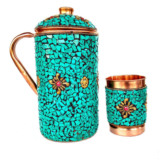 Rastogi Handicrafts Pure Copper Jug - 1 Glass Drinkware Set Dinnerware Tableware Pitcher outer decorated