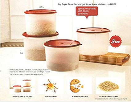 Tupperware Super Plastic Airtight Storage Container - Set of 4 (1 Piece Large-5 L, 2 Piece Medium-3 L, 1 Piece Small-2.5 L)