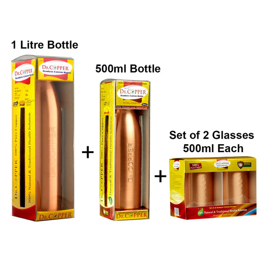 Dr. Copper Family Pack- Bottle (1 Litre +  500ml )+ 2pc Glasses 500 ml Each