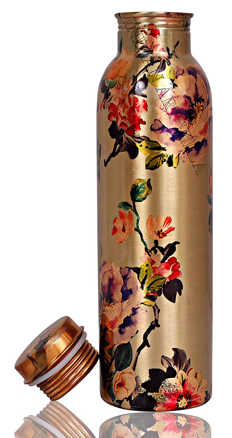 Printed Flower Design Copper Bottle, 1000 ml, Golden