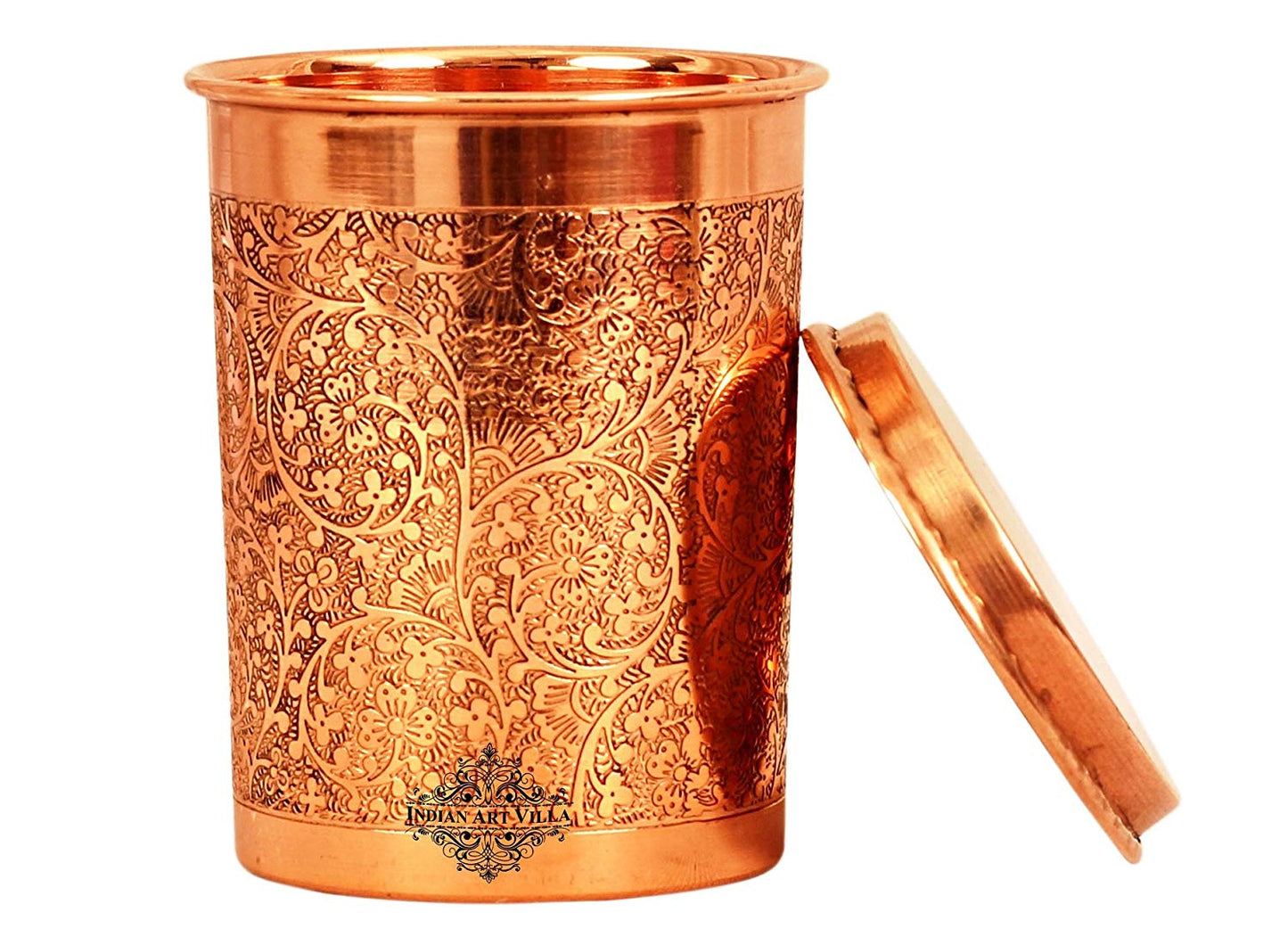 Indian Art Villa Embossed Design Benefit Yoga Ayurveda 300ml Copper Tumbler Cup with Lid - Brown