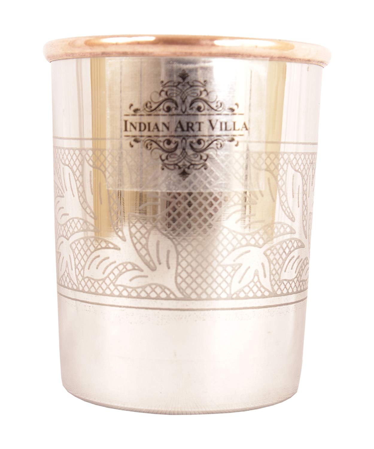 Indian Art Villa Steel Copper Glass Tumbler, Embossed Design (250 ml/Each) Set of 2