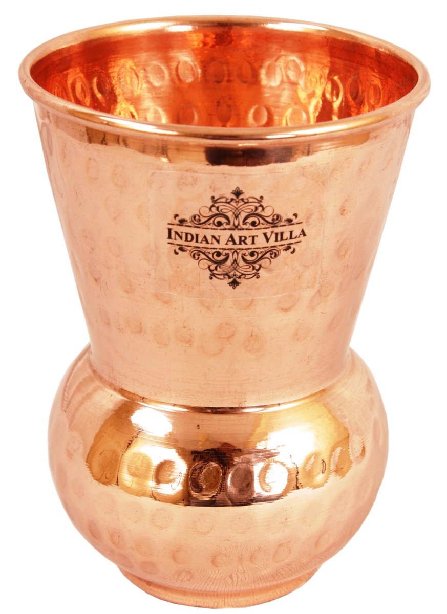 Indian Art Villa Copper Glass Tumbler, Hammer Design, Drinkware, 300 ML Each, Set of 2 Pieces