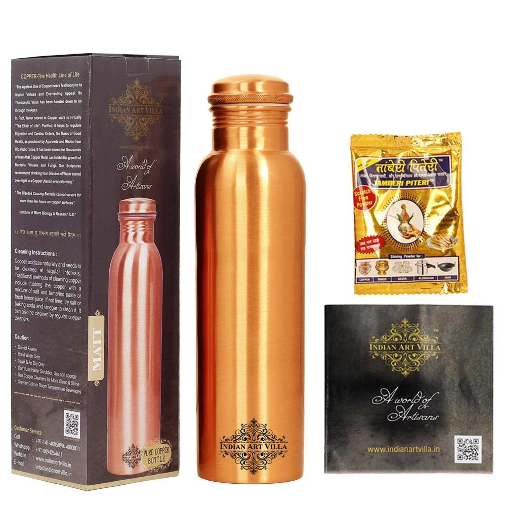 Indian Art Villa Flower Design Copper Water Bottle, Drinkware, 1000 ML, Brown