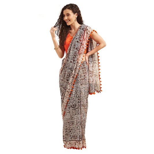 Women's Georgette Saree (Brown & White)