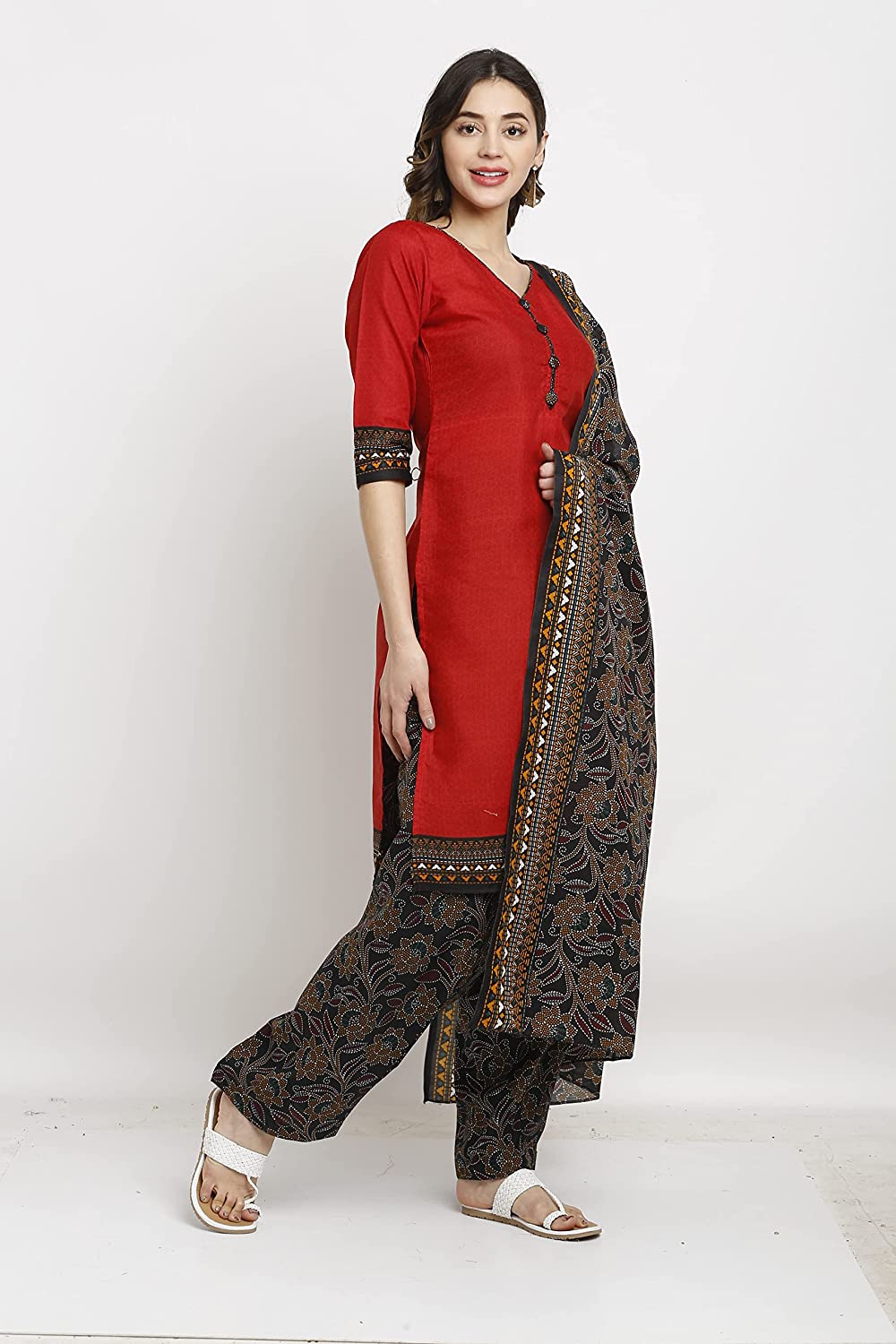 Women's Red Crepe Printed Unstitched Salwar Suit Material