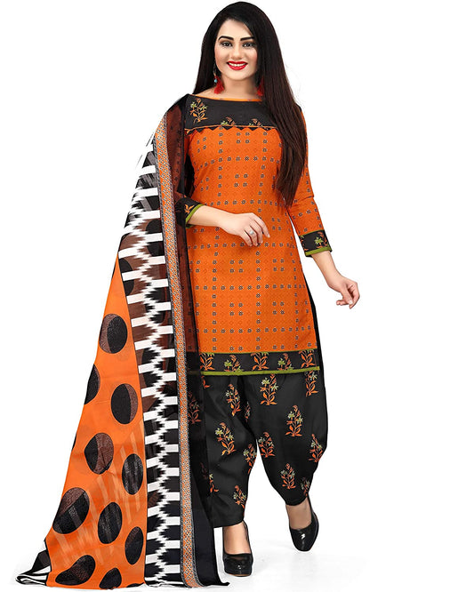 Women's Orange Cotton Floral Printed Unstitched Salwar Suit Material