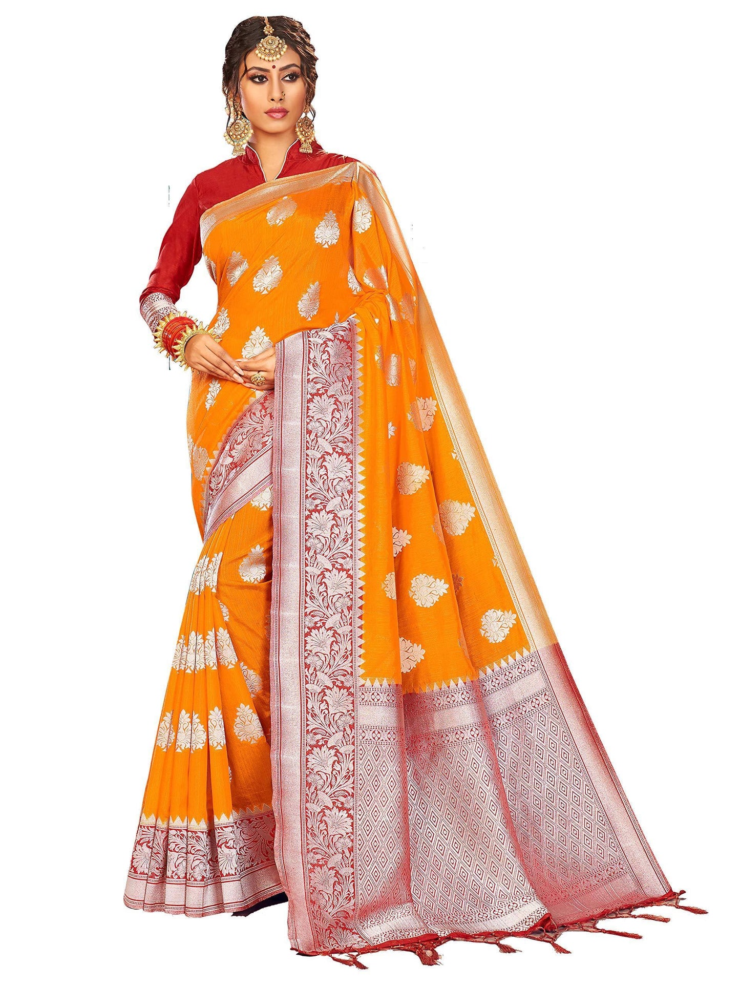 sarees-for-women-linen-banarasi-art-silk-l-indian-rakhi-wedding-diwali-gift-sari-with-unstitched-blouse-orange