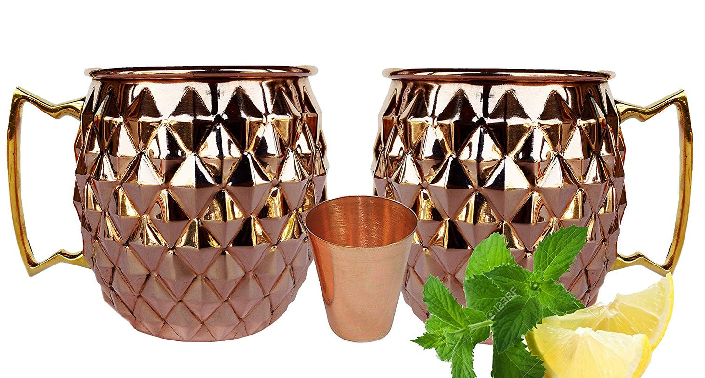 Rastogi Handicrafts Solid Copper Mugs with 1 Copper Shot Glass -Copper Moscow Mule Mug - Diamond Hammer Barrel Cups - Cocktail Cups/Glasses Set of 2 mug