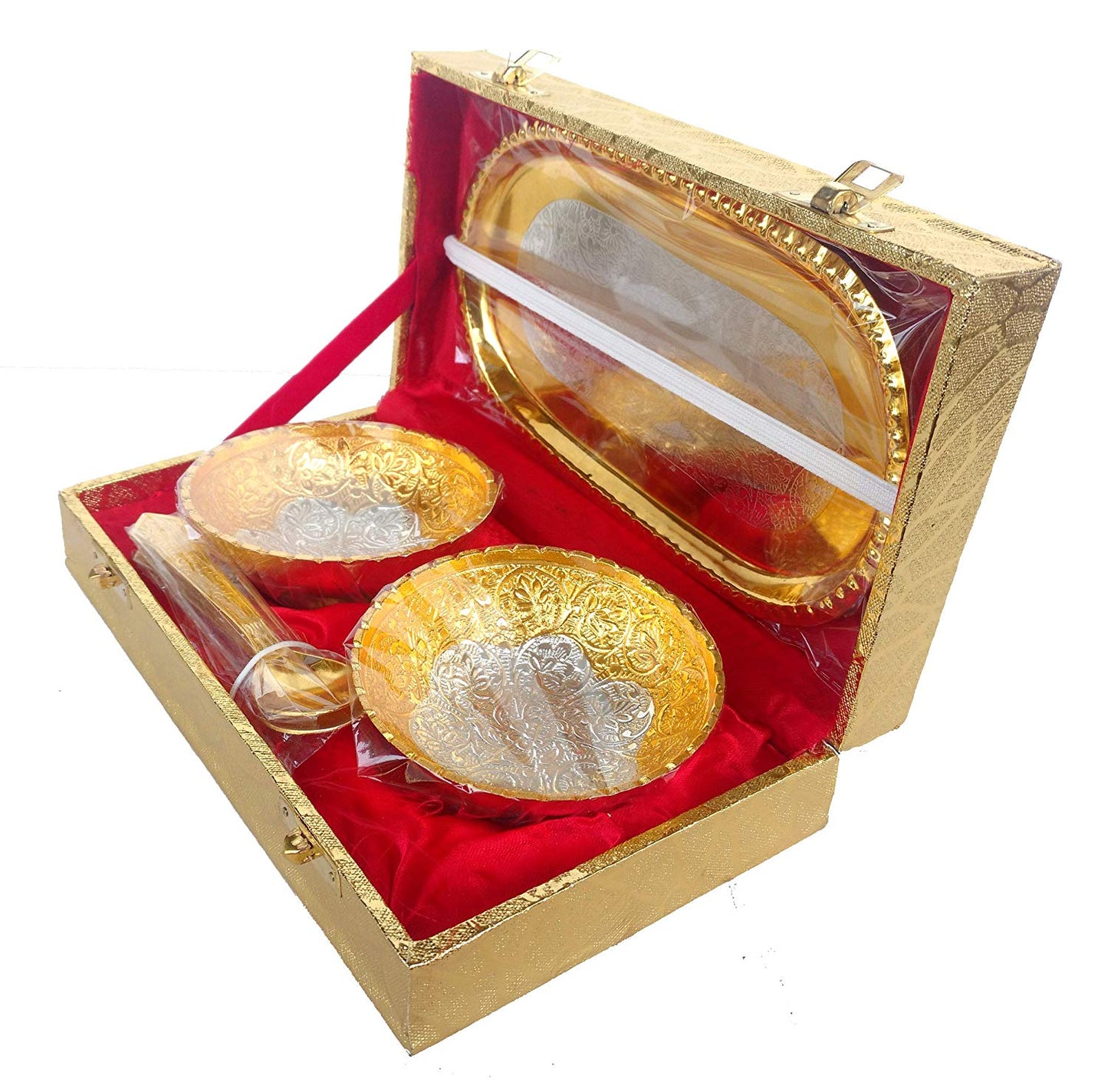 Rastogi Handicrafts Silver and Gold Plated Aluminium Bowl and Tray Set Dry Fruit Bowl Set, Diwali, Christmas, Festival Gifts, Set