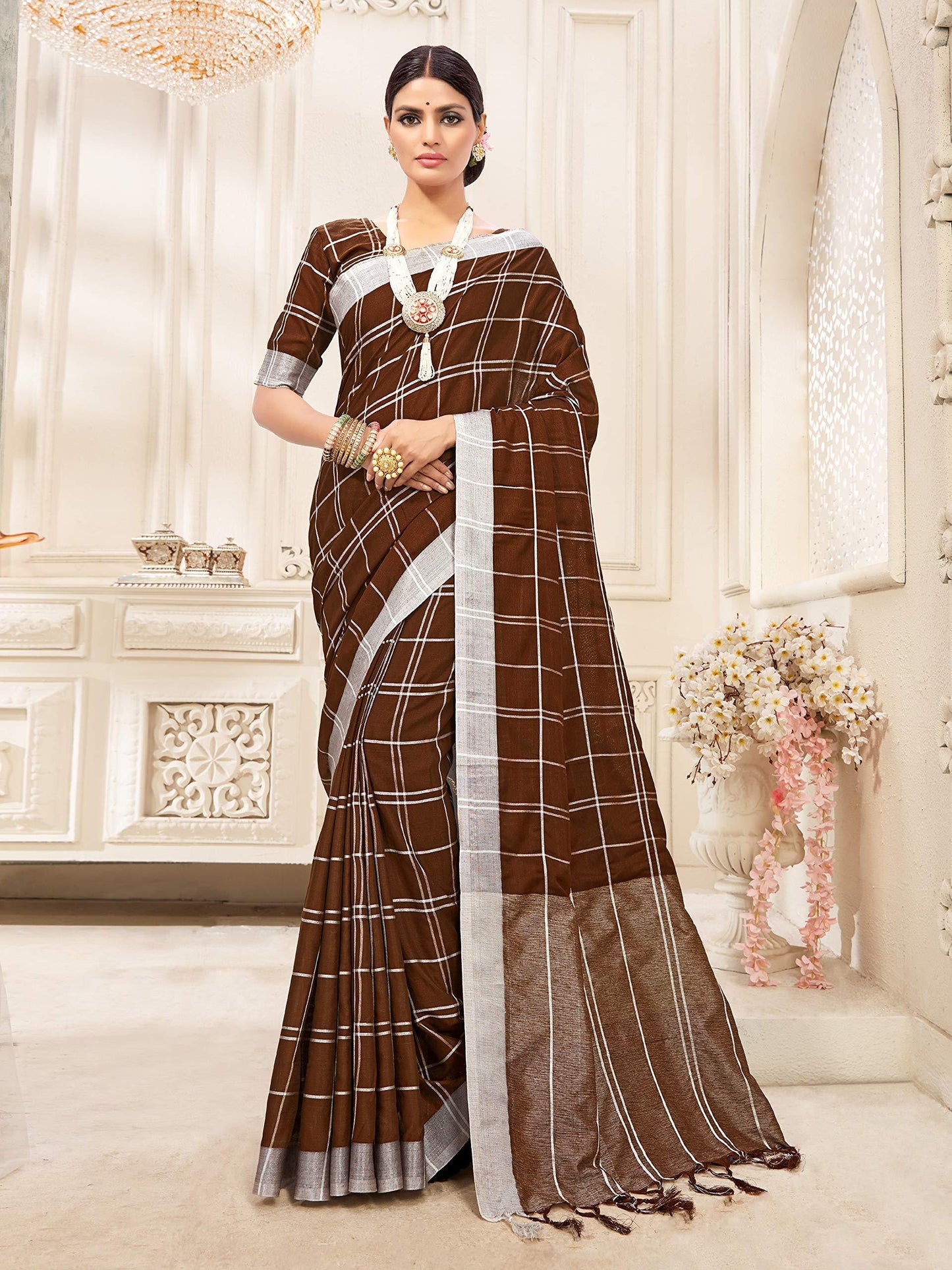 sarees-for-women-linen-cotton-silk-saree-l-indian-ethnic-wedding-diwali-gift-sari-with-unstitched-blouse-brown