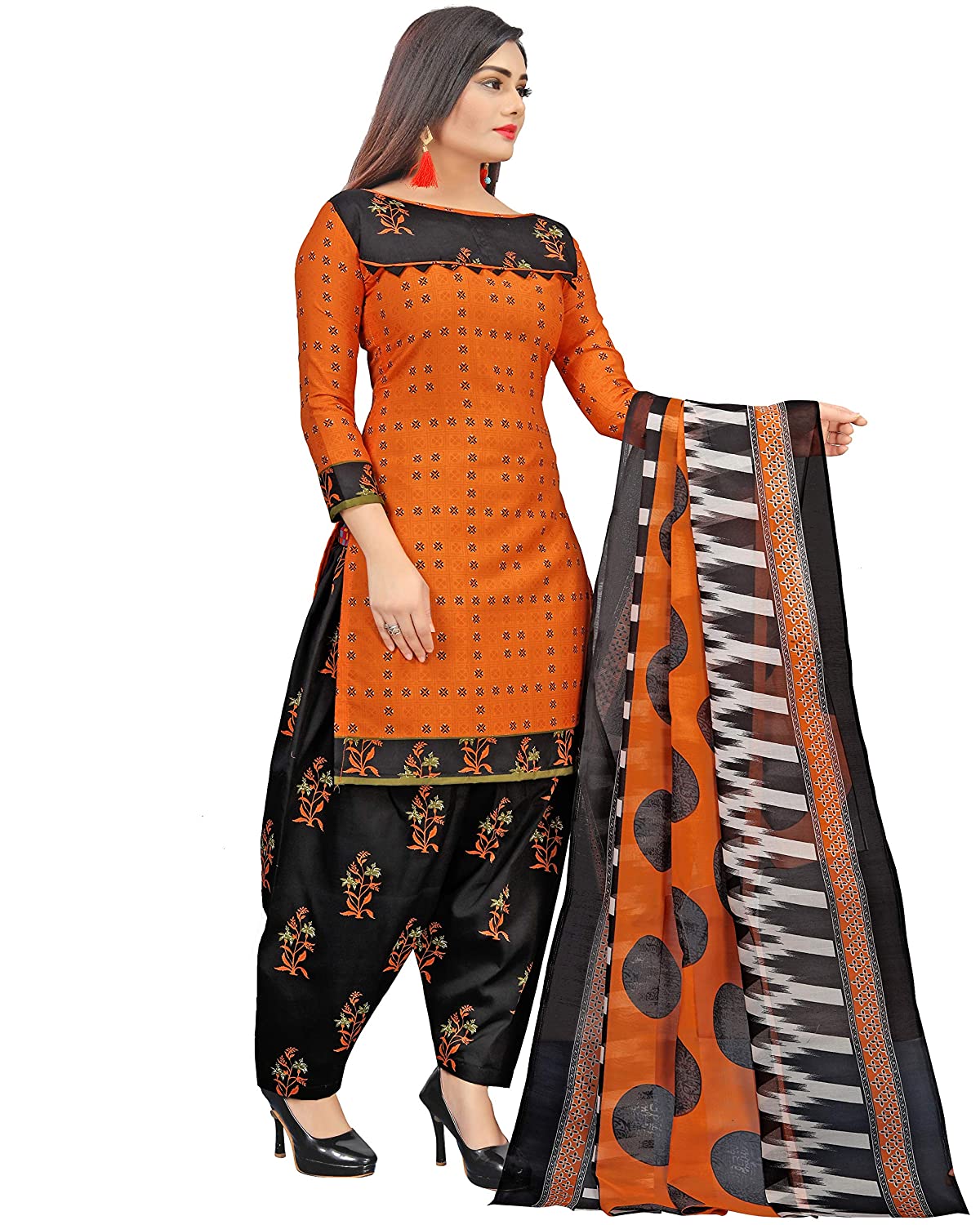 Women's Orange Cotton Floral Printed Unstitched Salwar Suit Material