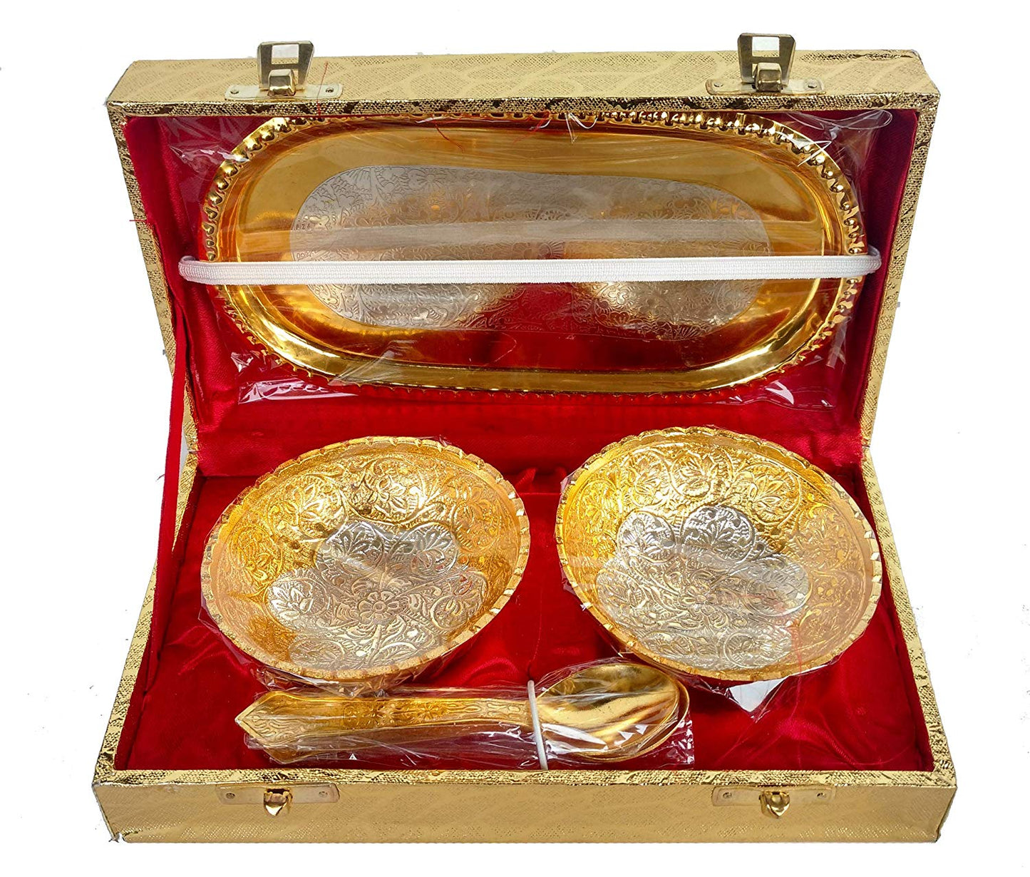 Rastogi Handicrafts Silver and Gold Plated Aluminium Bowl and Tray Set Dry Fruit Bowl Set, Diwali, Christmas, Festival Gifts, Set